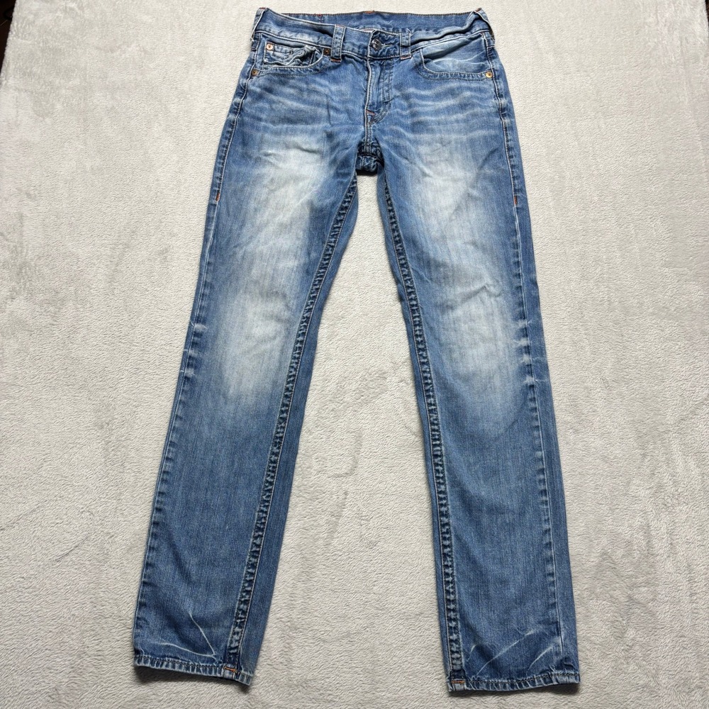 True Religion Slim Fit Blue Denim Jeans Mens 31x33 Flap Pockets Whiskering Fade